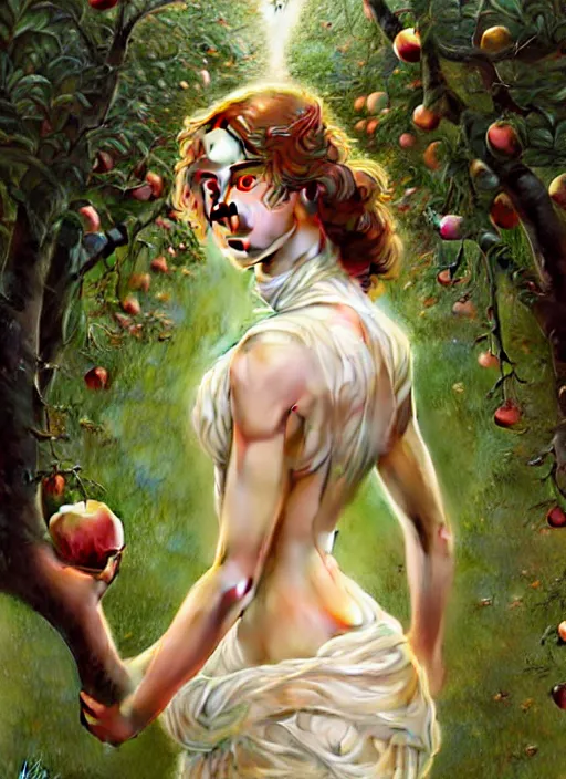 Prompt: symmetry!! portrait of young woman cursed with ever - increasing intelligence beauty and virtue, slice - of - life, realism, in apple orchard!! intricate, elegant, highly detailed, digital painting, artstation, concept art, smooth, sharp focus, illustration, art by artgerm and greg rutkowski and alphonse mucha