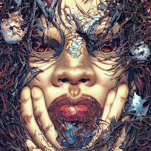 Image similar to closeup of face melting, by yoichi hatakenaka, masamune shirow, josan gonzales and dan mumford, ayami kojima, takato yamamoto, karol bak