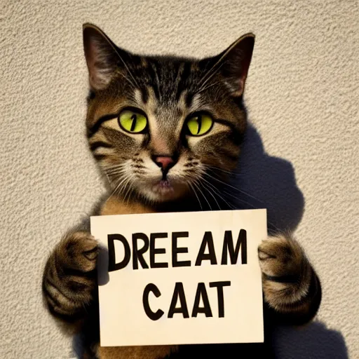 Prompt: realistic high quality photo of a cute cat holding a sign with text that reads : dream, cat, cas, cat cat dreamcats,