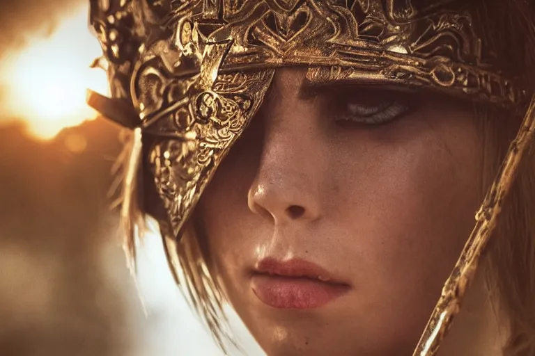 Image similar to close - up photo of a beautiful warrior princess in a battle scene, detailed eyes, shallow depth of field, photorealistic, cinematic lighting, lovely bokeh, warm colours, dusk