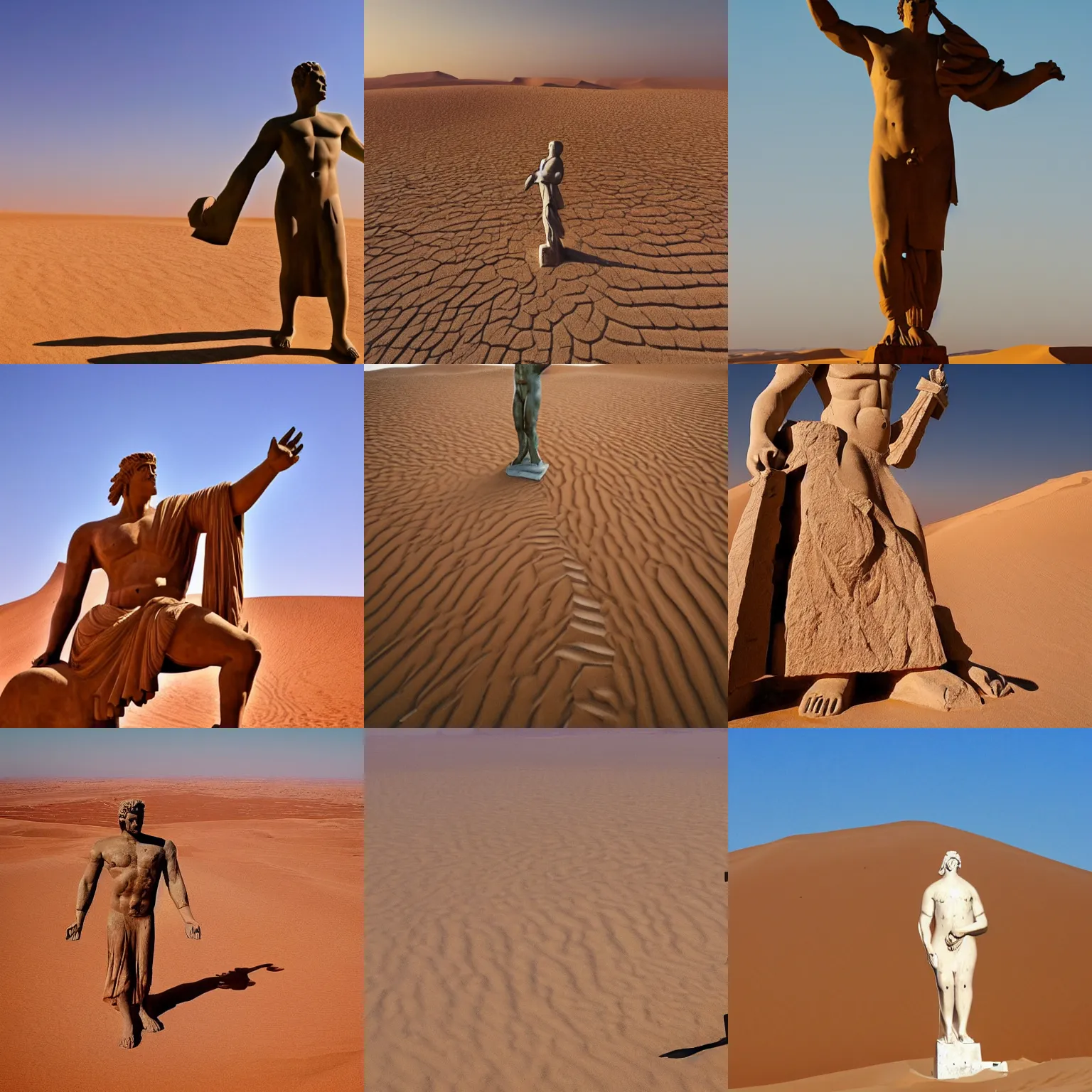 Prompt: a giant greek statue in sahara desert