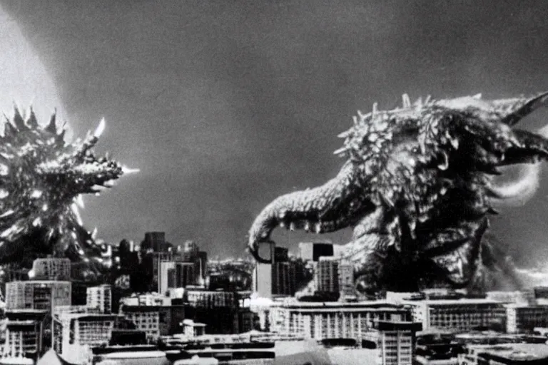 Image similar to a filmstill of Kim Jong-il and a Starro Kaiju monster destroying Pyongyang, in Godzilla (1954) by Ishirō Honda, traditional Korean city, palace, epic ultrawide shot, cinémascope