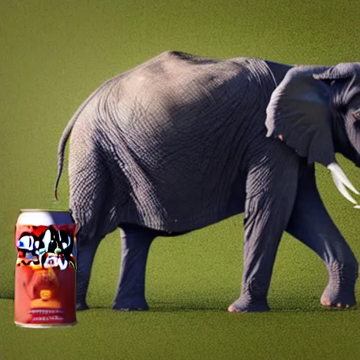 Image similar to a photo of a giant can of red bull with an elephant trying to drink it