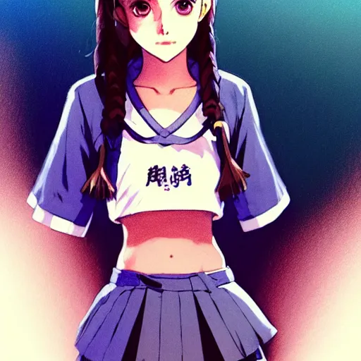 Image similar to a beautiful! boyish! natalie portman alluring gravure! model, wearing japanese school girl outfit with mayan pattern and native style, aztec street fashion, gapmoe yandere grimdark, trending on pixiv fanbox, painted by greg rutkowski makoto shinkai takashi takeuchi studio ghibli, akihiko yoshida