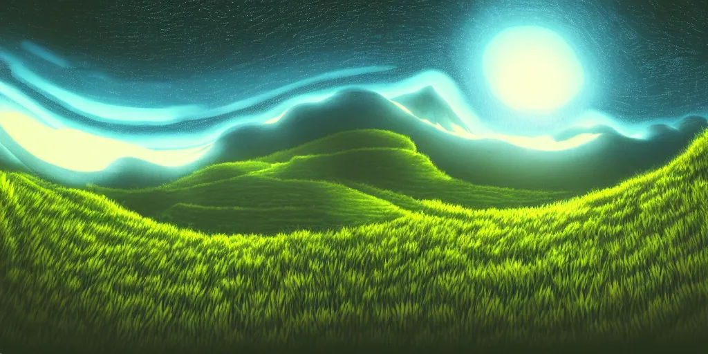 Prompt: nightly, spiral, naive nerikomi, weird perspective, extra narrow, detailed illustration, lit by flashlight, fisheye, grass field night mountainous terrain, chubby curled clouds, volumetric lighting and mist