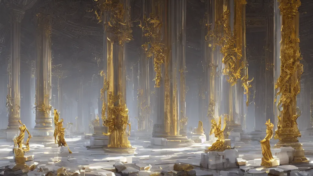 Image similar to glowing golden statues, in an ncient temple in ruins, impeccably clean white marble columns,, by sylvain sarrailh, rossdraws, ambient light, ultra detailed, fantasy artwork, 8 k, volumetric lighting, trending on artstation, award winning, very beautiful.