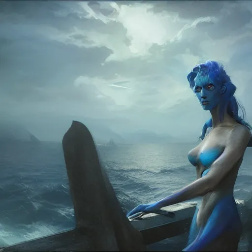 Prompt: a dramatic portrait of a triton warlock, blue skin, sharklike person, standing on a ship deck by Greg Rutkowski, ultra realistic, photorealistic 8k, cinematic lighting, HD, high detail, atmospheric, trending on artstation