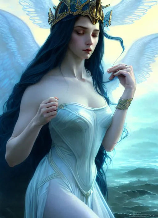 Image similar to a beautiful cinematic female archangel queen, fantasy sea landscape, fantasy magic, short aqua blue black fade hair, dark light night, intricate, elegant, sharp focus, illustration, highly detailed, digital painting, concept art, matte, art by WLOP and Artgerm and Greg Rutkowski and Alphonse Mucha, masterpiece