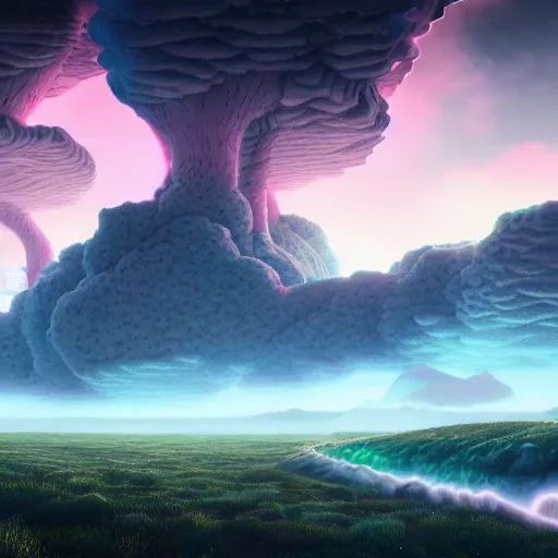 Prompt: a psychedelic realm with rolling plains made out of clouds, mountains made out of icebergs, and plant life made out of cotton candy, in the style of wlop and namek, illustration, epic, fantasy, hyper detailed, smooth, unreal engine, sharp focus, ray tracing