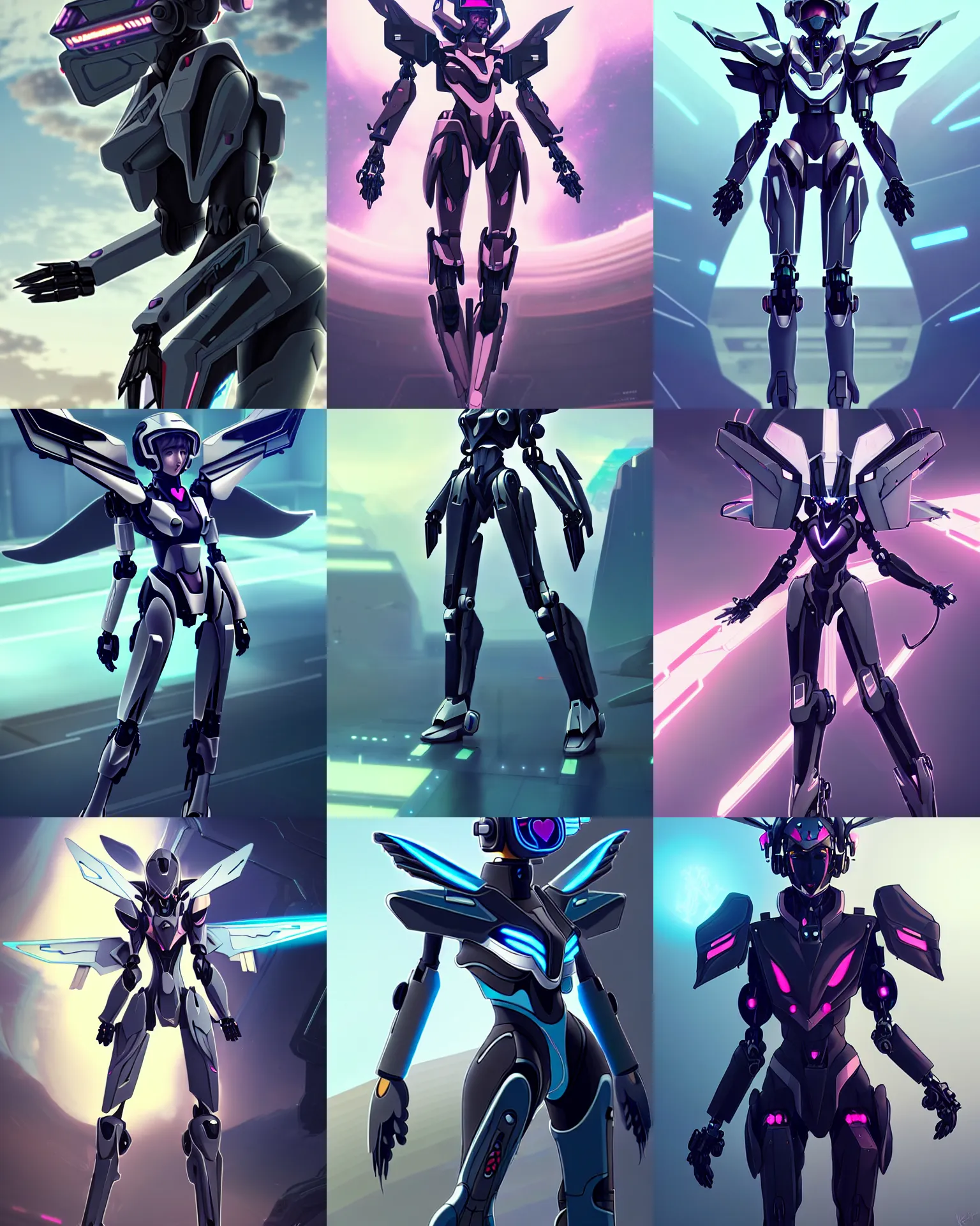 Prompt: uncropped stealthy Feminine mecha (with futuristic jet armor and wings) with a heart visor helmet, symphogear, far shot, full body character portrait, hi-tech Vaporwave, trending on Artstation, black armor, digital painting, concept art, sharp focus, illustration, art by WLOP and Greg Rutkowski