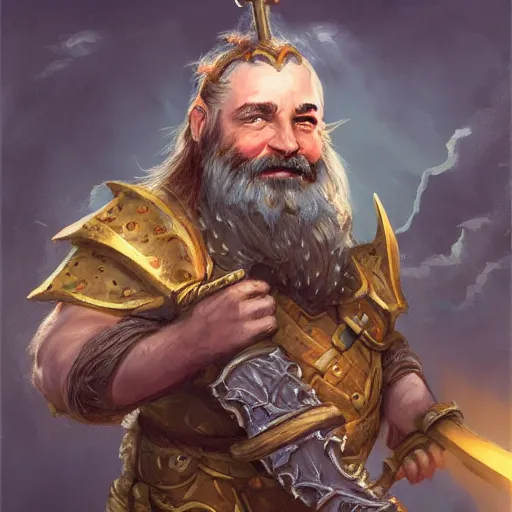 Prompt: High Fantasy whimsical portrait painting of a bearded dwarf holding a battleaxe, waist high, fantasy clothing, cgsociety, trending on artstation, dnd