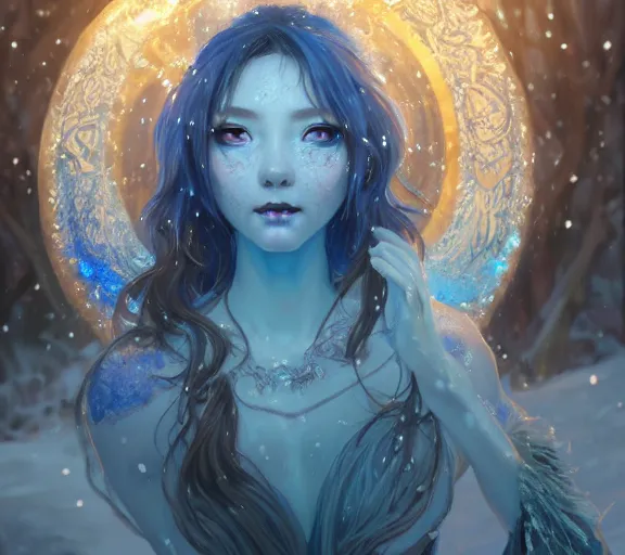Prompt: beautiful ancient frost witch, blue fire in eye, snow glow, pool party, highly detailed, digital painting, artstation, sharp focus, illustration, art by tan zi and ayanamikodon and alphonse mucha and wlop!