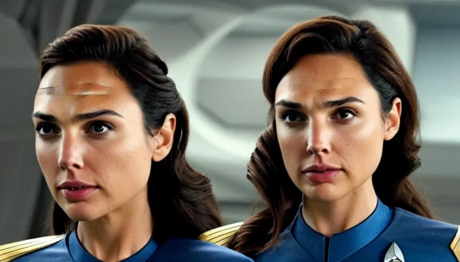 Image similar to Gal Gadot, in full starfleet uniform, is the captain of the starship Enterprise in the new Star Trek movie