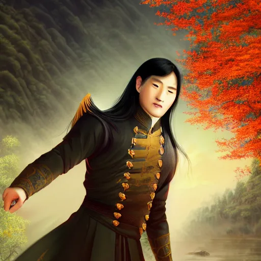 Prompt: a young handsome chinese prince, long black hair, golden eyes, elegant, intricate, backlit, incredible lighting, strong rim light, subsurface scattering, epic beautiful landscape, cherry trees, highly detailed, god rays, digital painting, by Heise Jinyao, Heise-Lian Yan Fang, Feimo, Rossdraws, HDRI, vivid colors, high contrast, 8k resolution, photorealistic