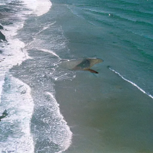 Image similar to cnn news footage of big bird being washed up on shore, view from above, tv