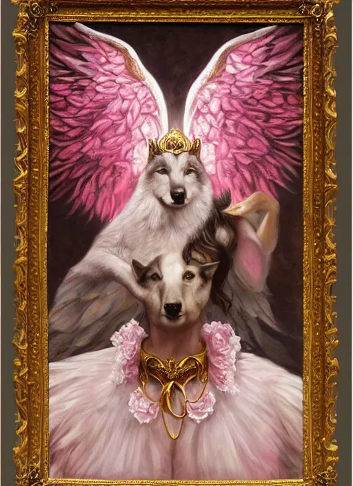 Image similar to full body oil painting of smoking wolf wearing pink shirt, in the style of sophie anderson, angel wings, angelic golden armor, dramatic painting, symmetrical composition, ornate, high detail, gold detailed collar, blooming, lights, flowers,