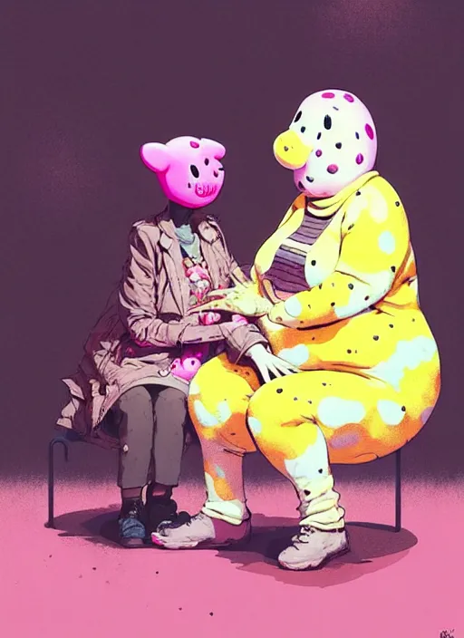 Image similar to mr blobby visiting his gran, by greg rutkowski, by greg, tocchini, by james gilleard, by joe fenton, by kaethe butcher, gradient yellow, pink, brown and white color scheme, grunge aesthetic!!! ( ( silly background ) )