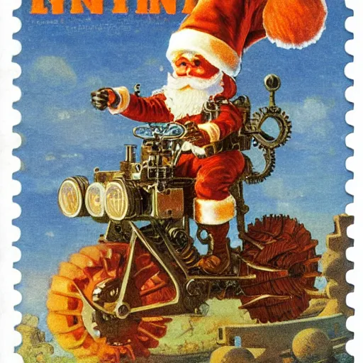 Image similar to steampunk orange mohawk Streetfighter Gnome Santa riding an intricate clockwork gearwork automaton golem vehicle traveling stamp postcard winslow homer craig j. spearing thomas eakins