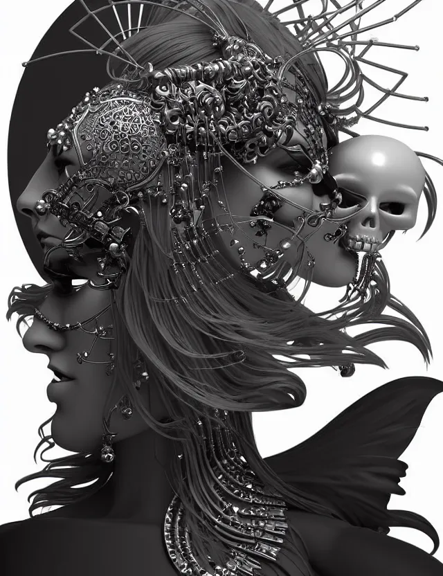 Prompt: 3 d goddess close - up profile simple portrait cybernetic with skull. beautiful intricately detailed japanese crow kitsune mask and clasical japanese kimono. betta fish, jellyfish phoenix, bio luminescent, plasma, ice, water, wind, creature, artwork by tooth wu and wlop and beeple and greg rutkowski