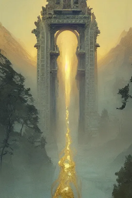 Image similar to a beautiful 3 d gigantic golden hell's gate osborne robert mandel artstation unreal 8 k ， greco - roman art, intricate complexity, gilded swirls, occult propaganda, in the thick fog artwork by jeremy lipkin and giuseppe dangelico pino