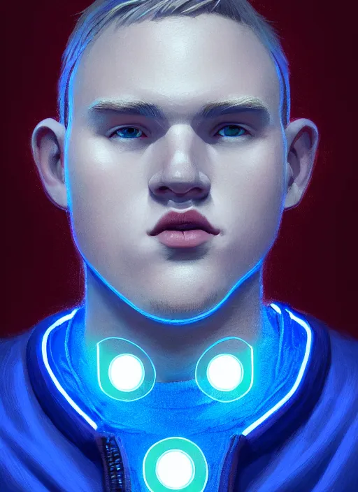 Image similar to portrait of high school senior boy named big moose, blonde short hair, jock, beefy, wide face, square jaw, square facial structure, blue varsity jacket with letter r, intricate, elegant, glowing lights, highly detailed, digital painting, artstation, concept art, sharp focus, illustration, art by wlop, mars ravelo and greg rutkowski