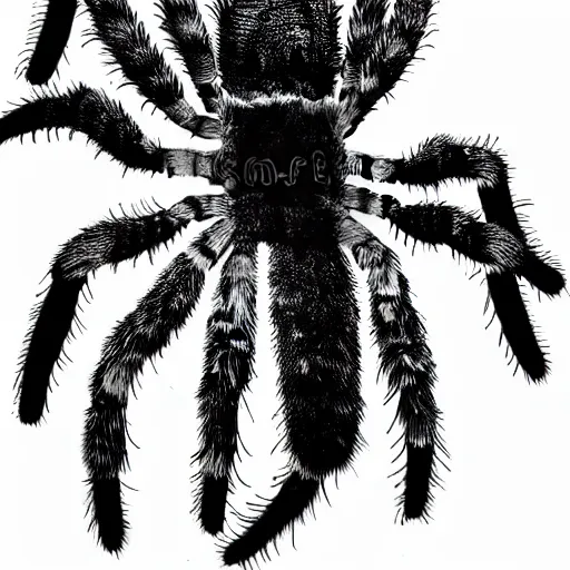 Image similar to book illustration of a tarantula with a machine gun mounted on its back. book illustration, monochromatic, white background, black and white image