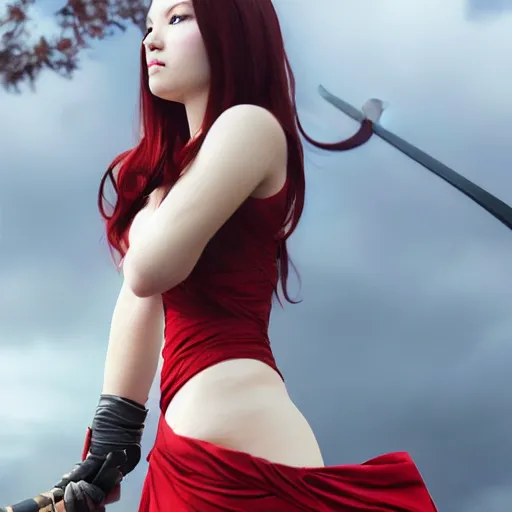 Image similar to dslr photo of beautiful erza scarlet wearing a elegant dress, standing holding a katana that is very detailed, portrait photo, real photo, real camera, extreme detailed face and body, high quality, moody lighting, fast paced lines, sharp quality, artgem, enchanting lighting, 8 k, art by alphonse mucha and greg rutkowski