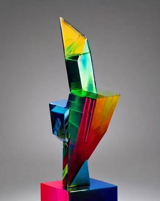 Prompt: a multicolored bismith sitting on top of a table, an abstract sculpture by john chamberlain, trending on pinterest, crystal cubism, angular, made of crystals, iridescent