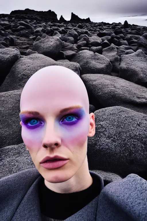 Image similar to high quality pastel coloured film wide angle selfie photograph of an androgynous cyber model standing in an icelandic black rock environment. three point light. photographic. art directed. pastel colours. volumetric light. stark. rocks. waves. 8 k. filmic.