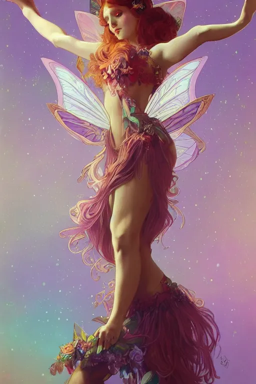 Image similar to A beautiful pole dancing fairie, symmetrical features, cinematic lighting, soft bokeh, fantasy, modern, colourful, highly detailed, digital painting, artstation, deviantart, concept art, sharp focus, illustration, by alphonse mucha