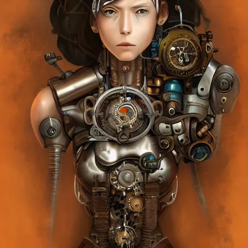 Image similar to portrait painting of a steampunk cyborg mother, transhumanism, ultra realistic, concept art, studio ghibli, intricate details, eerie highly detailed