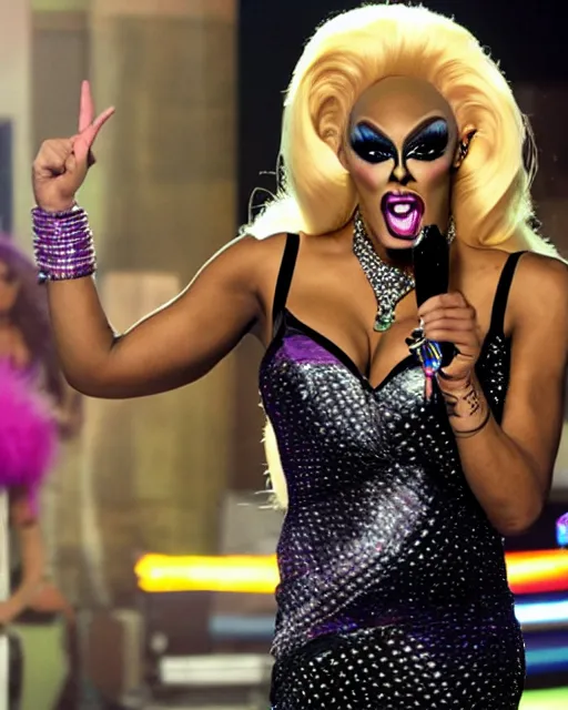 Prompt: angry drag queen pointing and yelling, ru paul\'s drag race