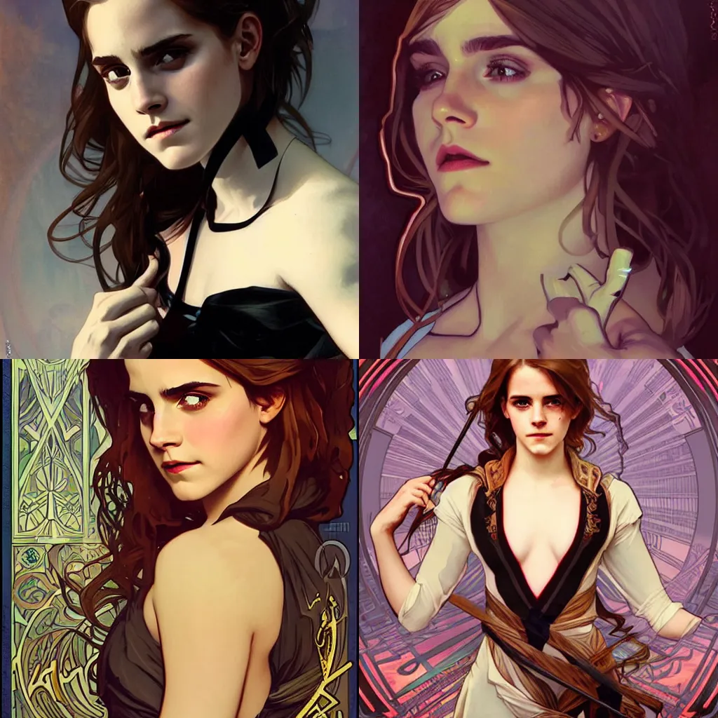 Prompt: emma watson by Jhonen Vasquez by Alphonse Mucha by Greg Rutkowski Stanley ‘Artgerm’ Lau