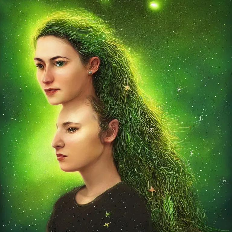 Image similar to beautiful portrait of a single woman with fireflies and stars in her hair, blooming green slopes and lianas in the background, highly detailed, hdr, 8 k resolution, fantasy art, trending on instagram