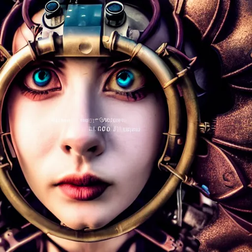 Image similar to prompt, futuristic steampunk, awesome, modelsociety, radiant skin, huge anime eyes, steampunk, rtx on, perfect face, intricate, sony a 7 r iv, symmetric balance, polarizing filter, photolab, lightroom, 4 k, dolby vision, photography award