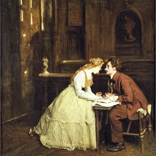 Prompt: young victorian man and woman solving a riddle in a dungeon, by alfred stevens