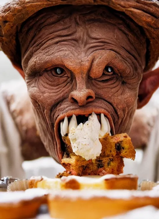 Image similar to closeup portrait of a medieval goblin eating cakes in the cloisters, depth of field, zeiss lens, detailed, symmetrical, centered, fashion photoshoot, by Annie Leibovitz and Steve McCurry, David Lazar, Jimmy Nelsson, Breathtaking, 8k resolution, extremely detailed, beautiful, establishing shot, artistic, hyperrealistic, beautiful face, octane render