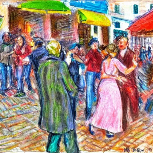 Prompt: impressionist drawing of a strobo lights party in the streets of an old south italy town, hig definition, many people dancing