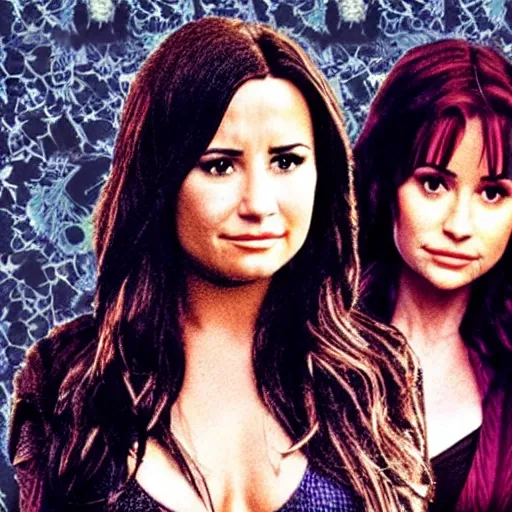 Prompt: close-up of Demi Lovato as Piper Halliwell and Selena Gomez as Phoebe Halliwell and Ariana Grande as Prue Halliwell in a Charmed movie directed by Christopher Nolan, movie still frame, promotional image, imax 35 mm footage