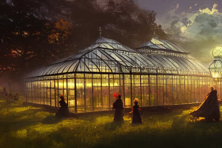 Image similar to an ornate victorian greenhouse, dark satanic ritual in front, scene in an open field. 1 8 9 0, key visual, conceptart, ambient lighting, highly detailed, digital painting, artstation, concept art, sharp focus, by makoto shinkai and akihiko yoshida and greg manchess