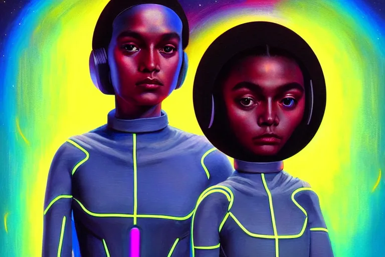 Image similar to patron saint of 🛸🌈👩🏾, futuristic astronaut jumpsuit, neon god of city character portrait, in the style of margaret keane, moebius, tom bagshaw, and waterhouse, cinematic lighting, beautiful, elegant, oil painting,