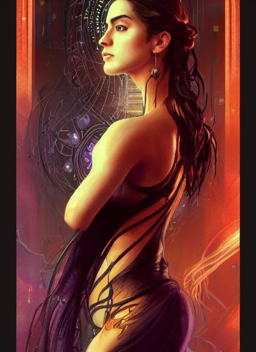 Prompt: altered carbon, Maya Ali as a sorceress, side view, tarot card, sweat drops, fibonacci, fractals, insane, prismatic, intricate, highly detailed, digital painting, artstation, concept art, smooth, sharp focus, illustration, Unreal Engine 5, 8K, art by artgerm and greg rutkowski and alphonse mucha