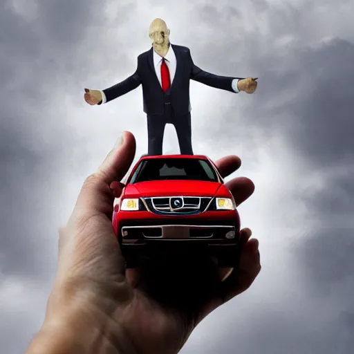 Prompt: Giant evil man holding a car in the palm of his hand, realistic