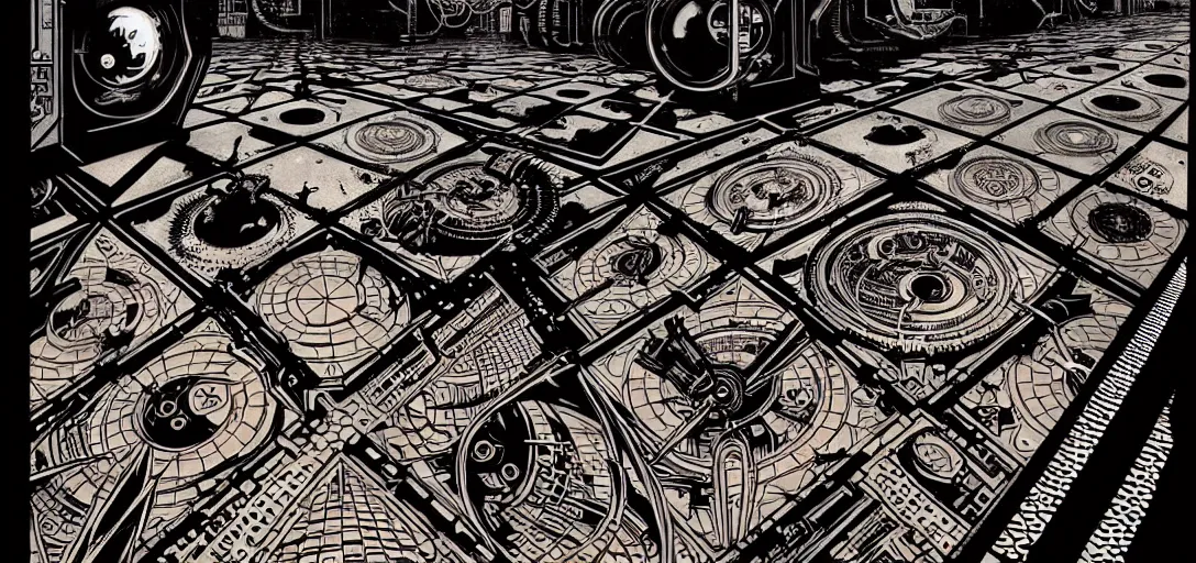 Prompt: cyberpunk steampunk tiled floor, 1 - point perspective, high details, bold line art, by vincent di fate and joe fenton, inking, screen print, masterpiece, trending on artstation, sharp, high contrast, hyper - detailed,, hd, 4 k, 8 k