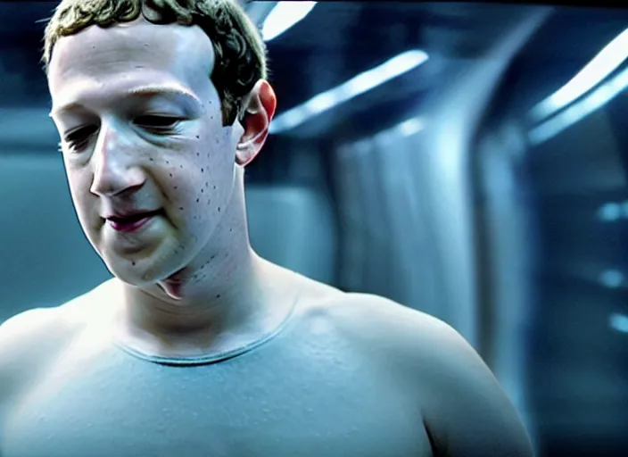 Prompt: film still of mark zuckerberg floating in a tank of milky fluid as a precog eyes closed and wires on his forehead minority report movie, 8 k