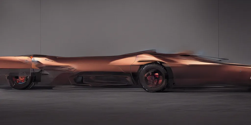 Image similar to a design of a futuristic Corvette C2 1969, designed by Polestar, blade runner background, stained antique copper car paint, black windows, dark show room, dramatic lighting, hyper realistic render, depth of field