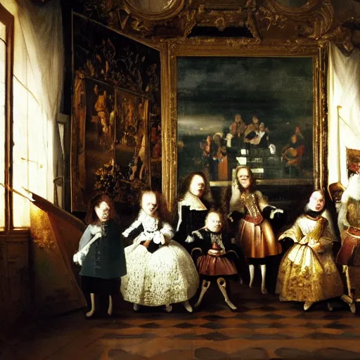 Image similar to family portrait in the main room of the castle painted in 1 6 5 6, dark room, one point of light coming through one big window inspired by las meninas, spaces between subjects and good detail and realistic face form for each person in the canva, inspired by diego velasquez better quiality