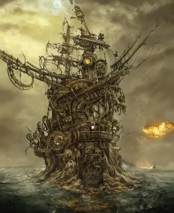 Prompt: an epic fantasy concept of a steampunk davy jones on the flying dutchman