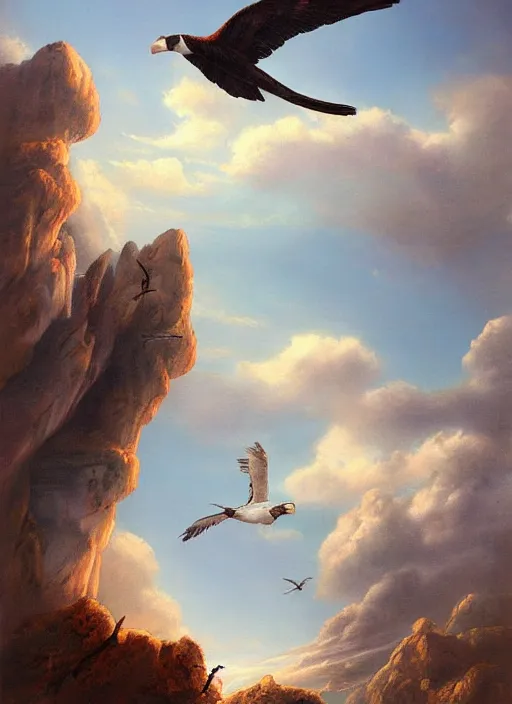 Image similar to a beautiful painting of a condor flying in the sky, matte painting, fantasy art