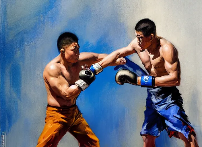 Prompt: greg manchess painting of a filipino mma fighter in a swordfight with a blond man in a blue suit, organic painting, sunny day, matte painting, bold shapes, hard edges, street art, trending on artstation, by huang guangjian, gil elvgren, ruan jia, randy vargas, greg rutkowski